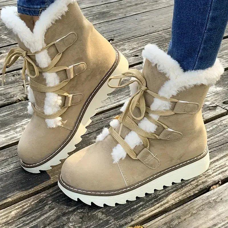 MODEGEIST Damen Winterstiefel Plüsch-Futter Schnürung Braun