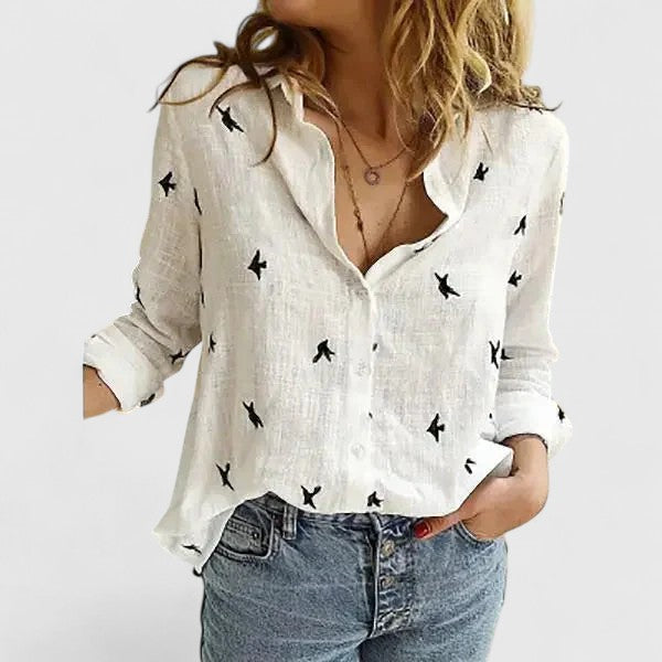 MODEGEIST Damen Button-Down Bluse Leinen Wellenförmiger Reverskragen Relaxed-Fit