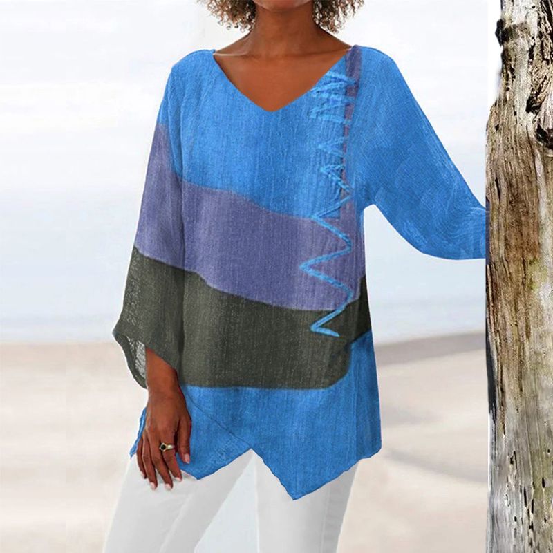 MODEGEIST Damen Longbluse V-Ausschnitt Relaxed Fit Pinselstrich-Print
