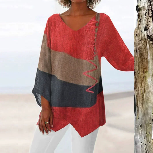 MODEGEIST Damen Longbluse V-Ausschnitt Pinselstrich-Print Bunt