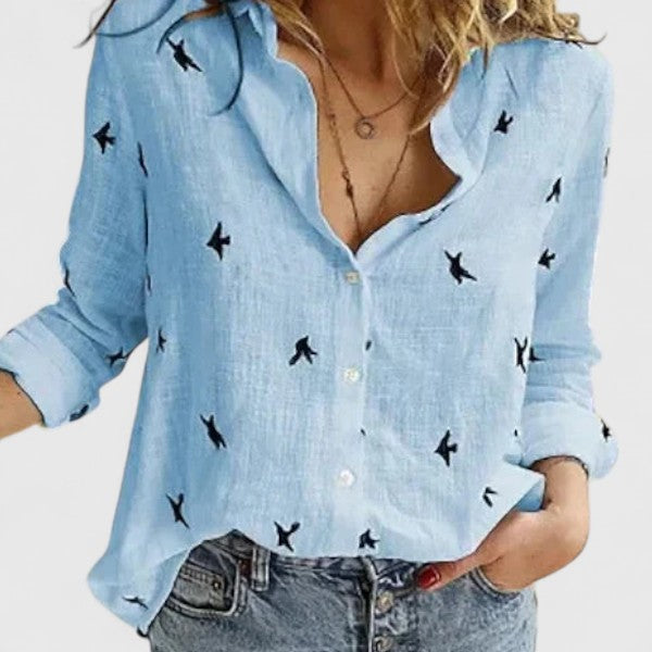 MODEGEIST Damen Button-Down Bluse Leinen Wellenförmiger Reverskragen Relaxed-Fit