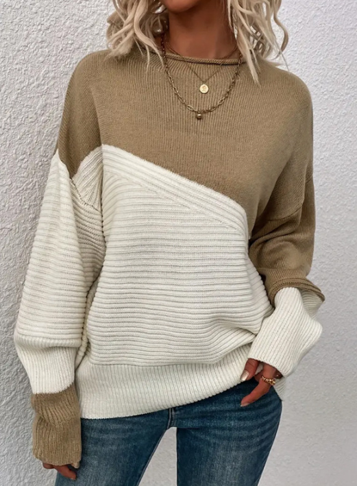 ModeGeist | Pullover - Damen Herbst Zweifarbiger Strickpullover