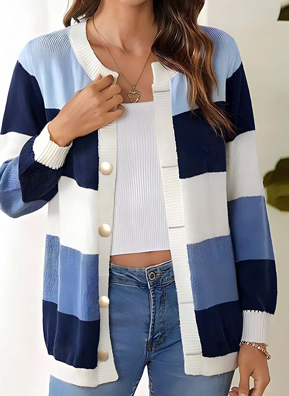 ModeGeist | Strickcardigan mit Breiten Streifen Perlmuttknöpfe Lässig und Farbig