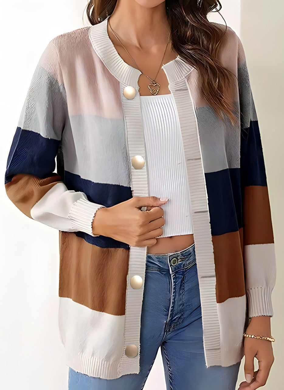 ModeGeist | Strickcardigan mit Breiten Streifen Perlmuttknöpfe Lässig und Farbig