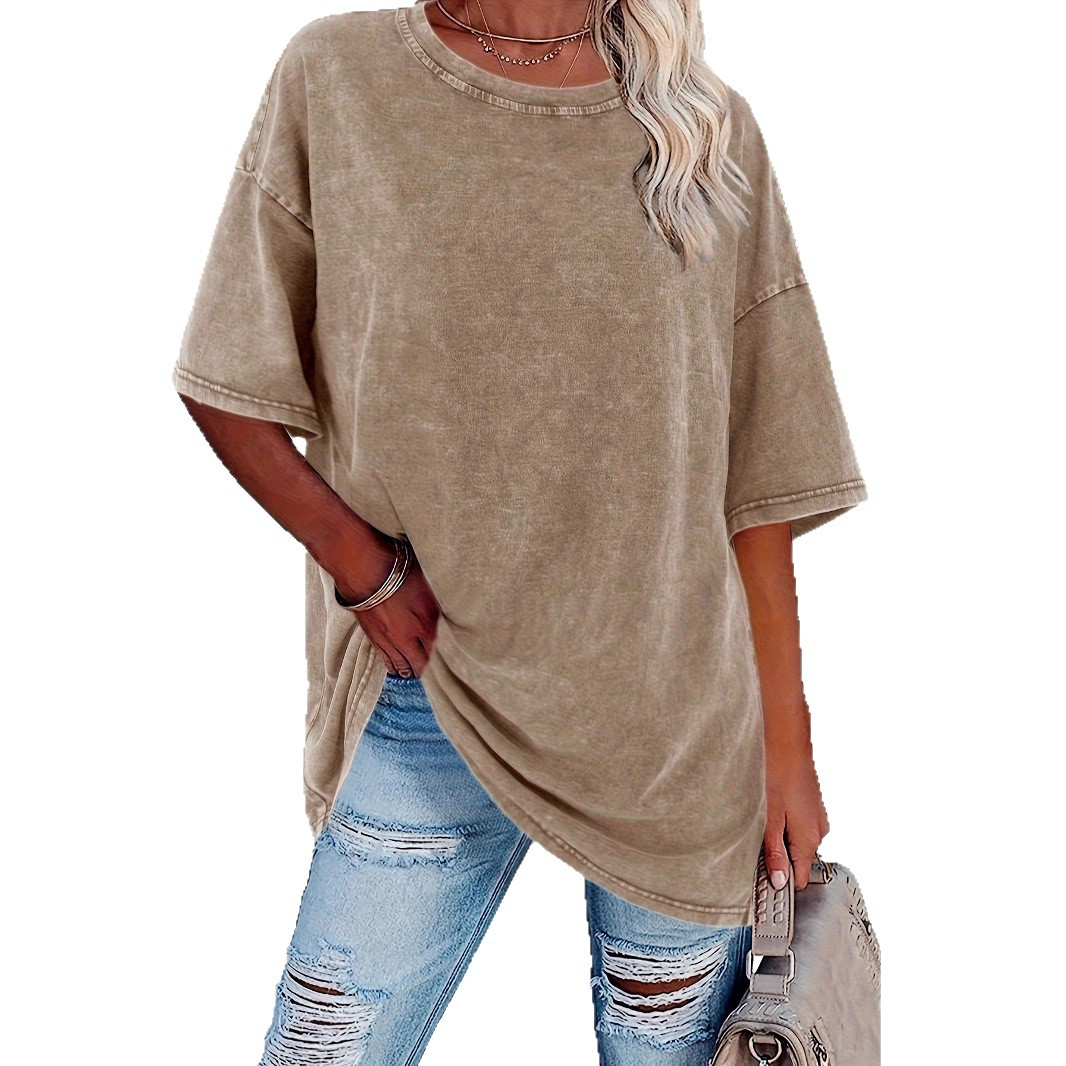 MODEGEIST Damen Vintage T-Shirt Oversized-Schnitt Baumwolle Washed-Look Casual