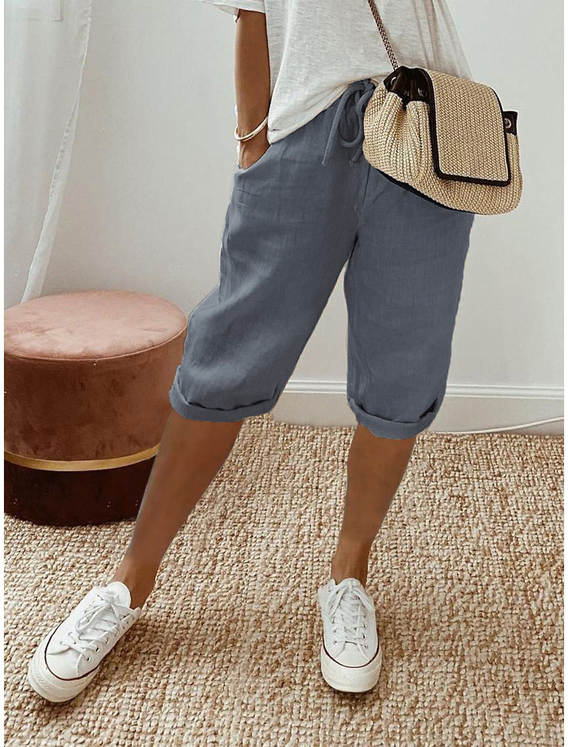MODEGEIST Damen Capri Hose Entspannte Passform Elastikbund Sommer