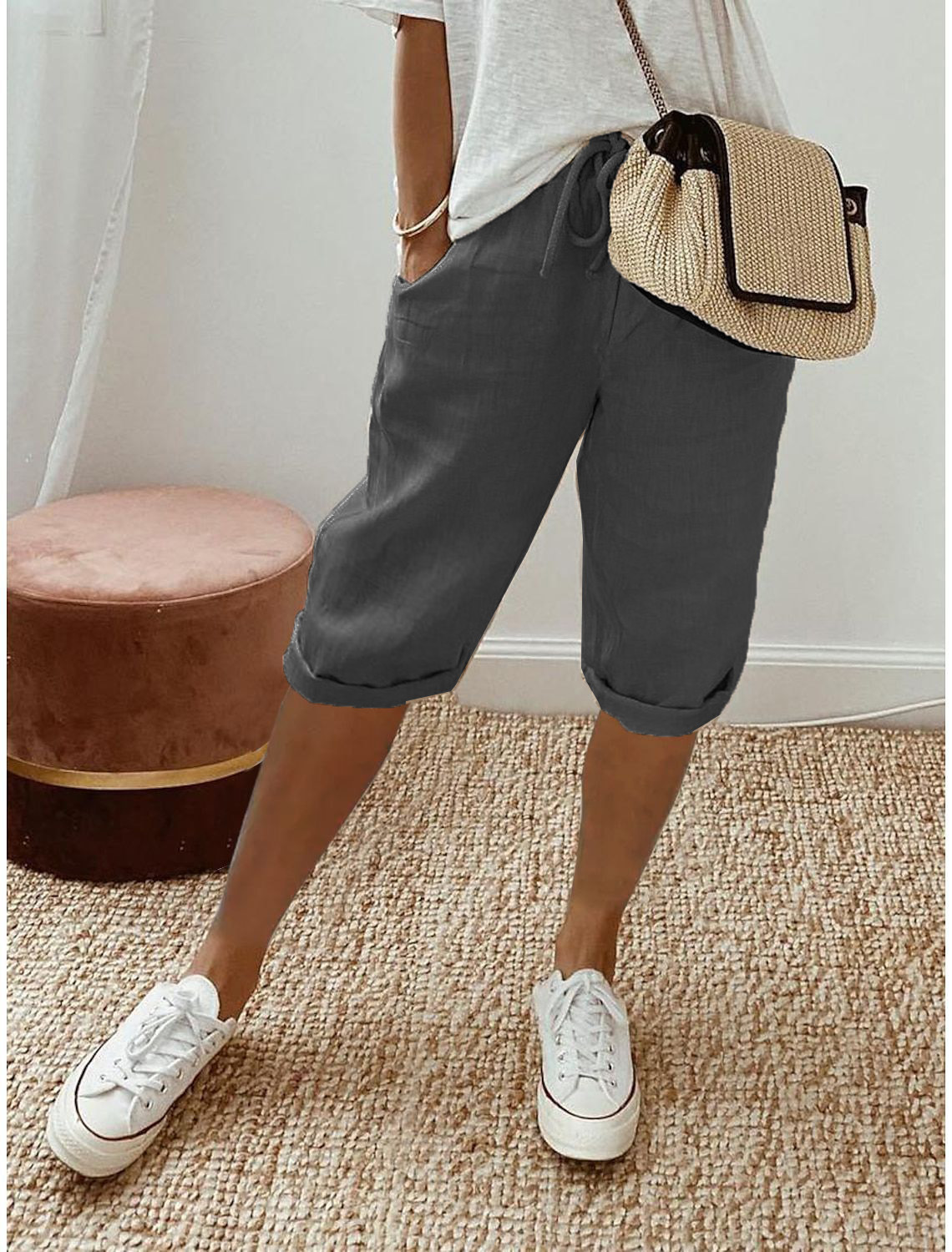 MODEGEIST Damen Capri Hose Entspannte Passform Elastikbund Sommer