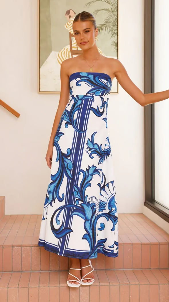 MODEGEIST Damen Kleid Bedruckt Fließend Kurzarm Vintage-Stil