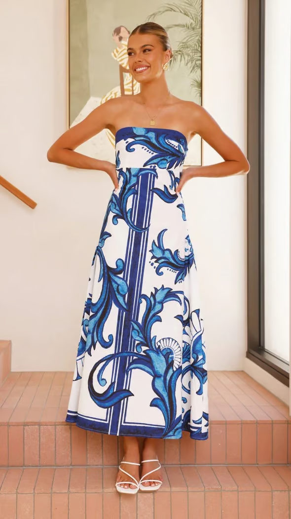 MODEGEIST Damen Kleid Bedruckt Fließend Kurzarm