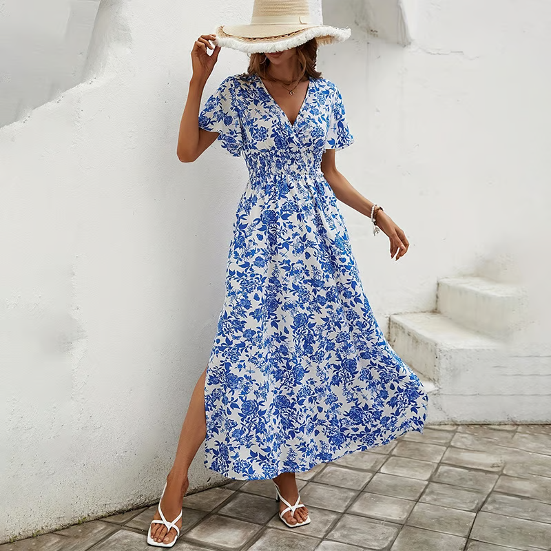 MODEGEIST Damen Boho Strand-Kleid V-Ausschnitt Blau