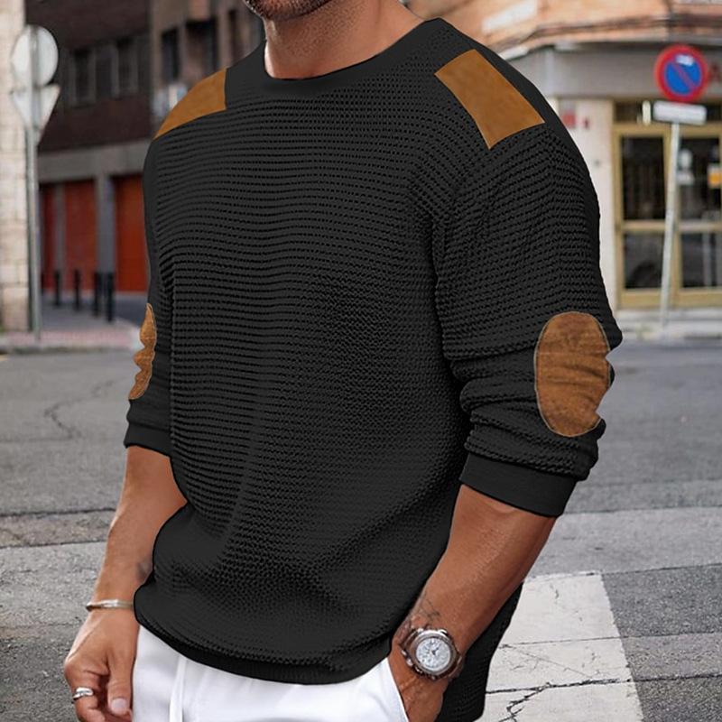 ModeGeist | Weißer Strickpullover mit Braunen Wildleder Akzenten