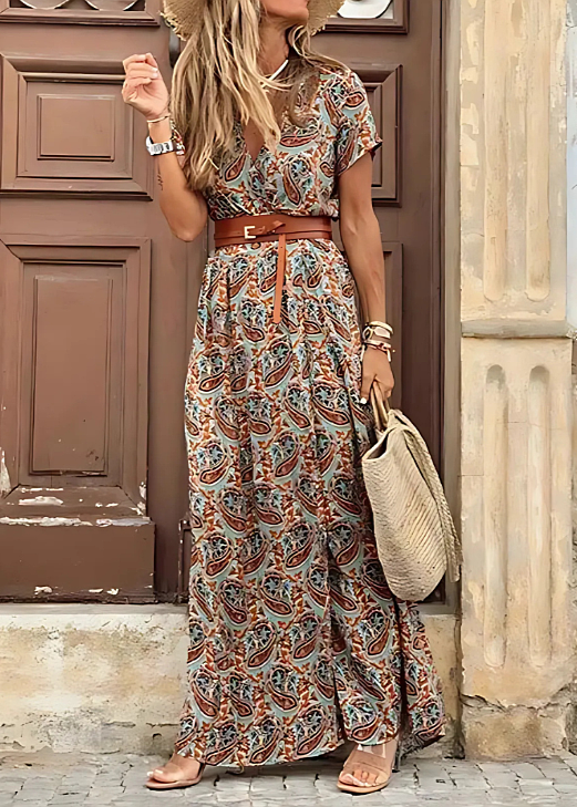 MODEGEIST Damen Boho Maxi-Kleid Luftiges Design Passender Gürtel Sommerkleid Muster