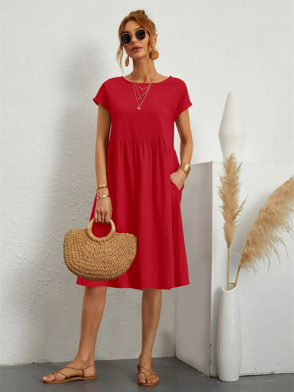MODEGEIST Damen Casual-Kleid Kurze Ärmel Seitentaschen