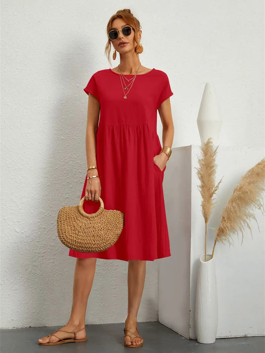 MODEGEIST Damen Casual-Kleid Kurze Ärmel Seitentaschen