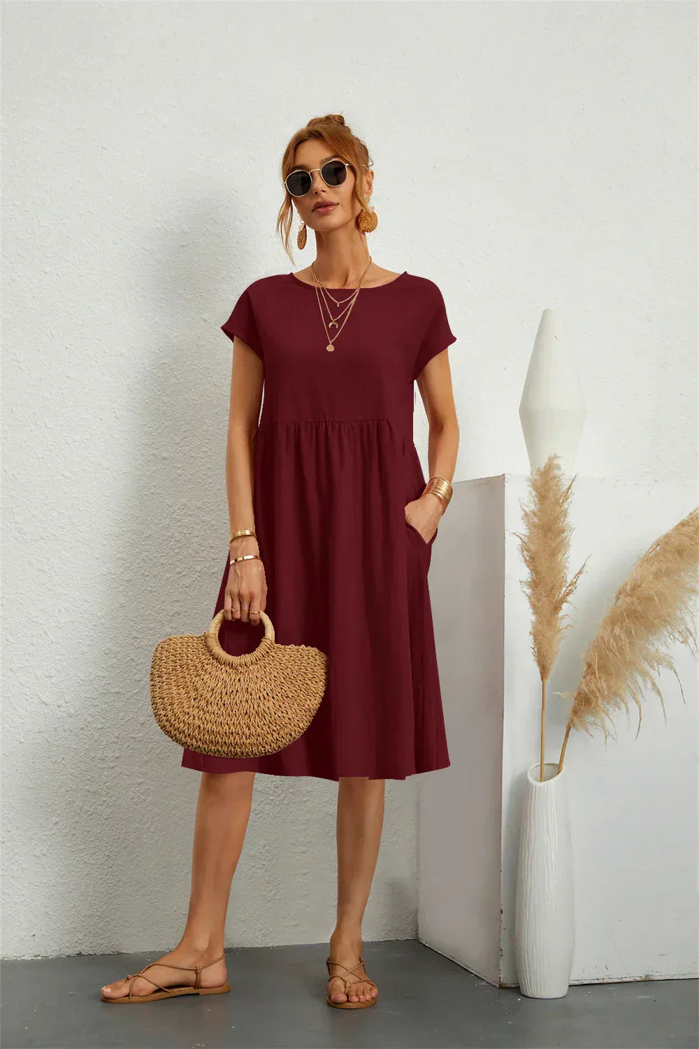 MODEGEIST Damen Casual-Kleid Kurze Ärmel Seitentaschen Leichter Stoff Relaxed-Fit