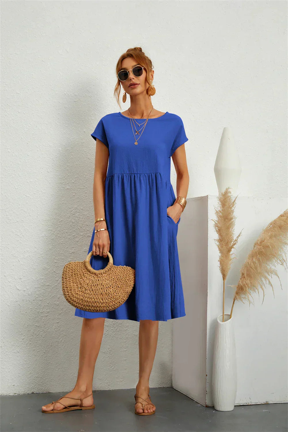 MODEGEIST Damen Casual-Kleid Kurze Ärmel Seitentaschen Leichter Stoff Relaxed-Fit