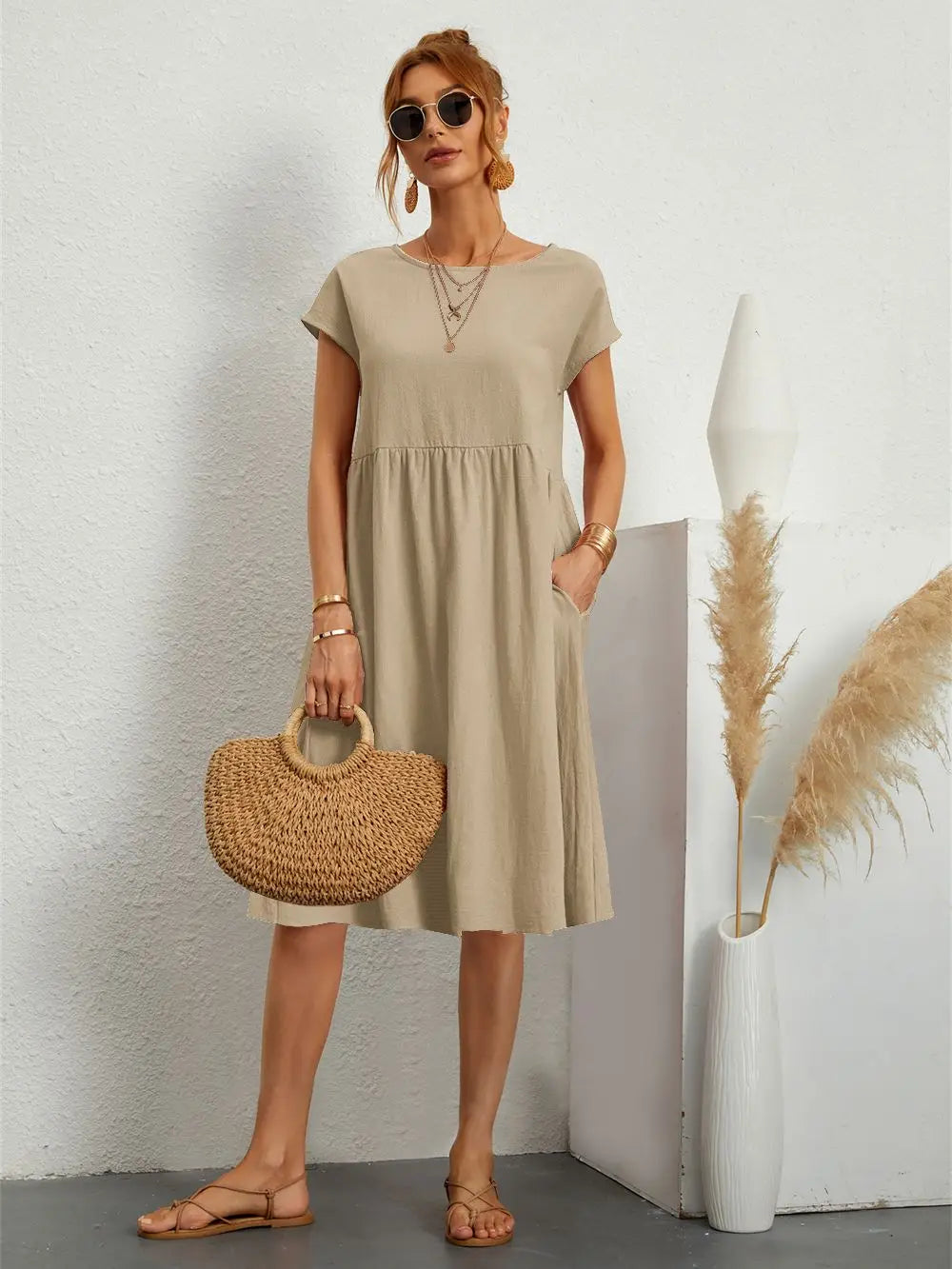 MODEGEIST Damen Casual-Kleid Kurze Ärmel Seitentaschen Leichter Stoff Relaxed-Fit