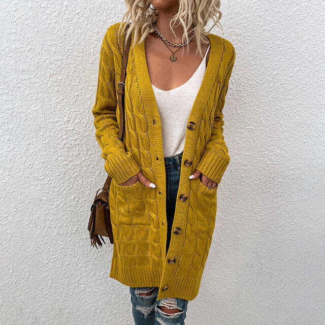 ModeGeist | Gestrickte Lange Damenjacke Mit Knöpfen