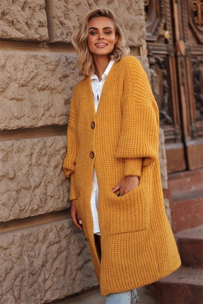 ModeGeist | Strickjacke - Oversized Fit - Wolle - Langes Modell - Knopfschluss - Taschen