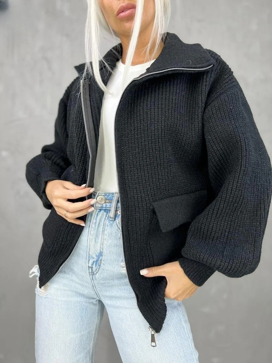 ModeGeist | Cardigan - Entspanntes Fit - Gestrickte Wolle - Reißverschluss - Ripptextur - Klapptaschen