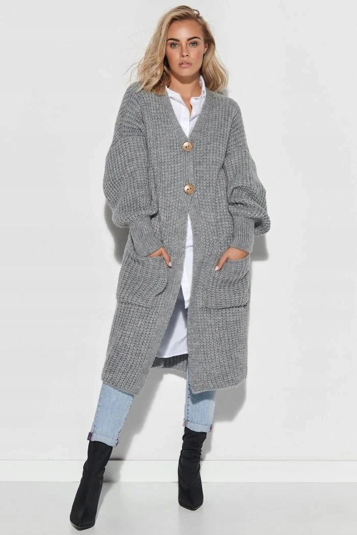 ModeGeist | Strickjacke - Oversized Fit - Wolle - Langes Modell - Knopfschluss - Taschen