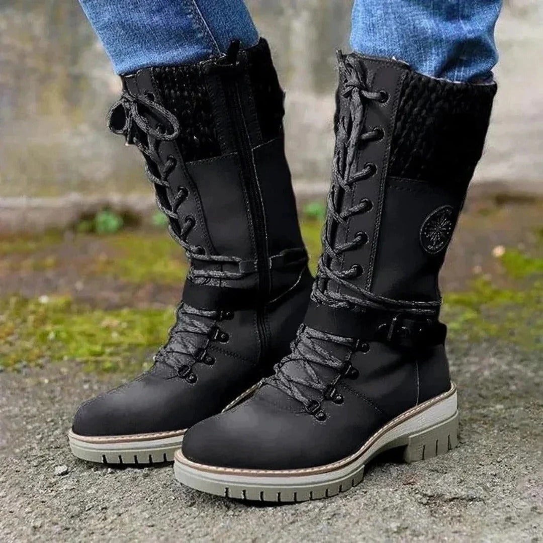 MODEGEIST Damen Kniestiefel Schnürung Winterstiefel Warmes Futter