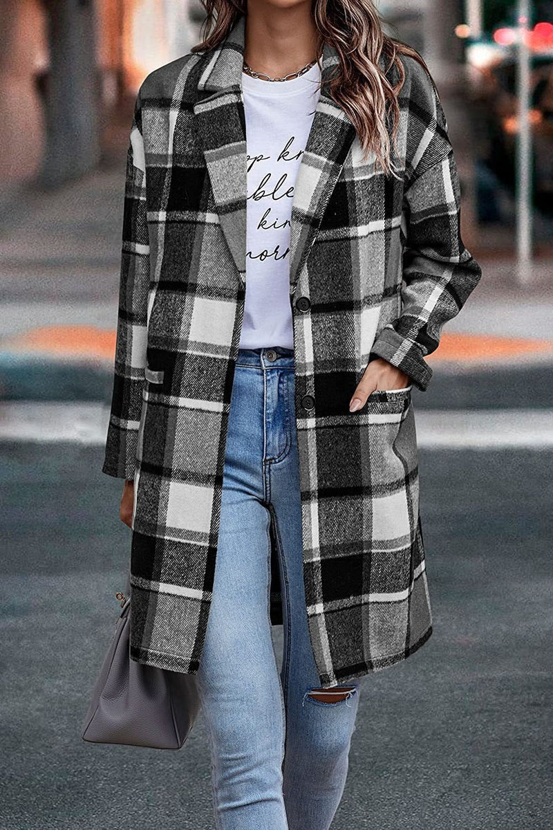 ModeGeist | Mantel - Oversized Fit - Wolle - Karomuster - Mit Knöpfen und Taschen