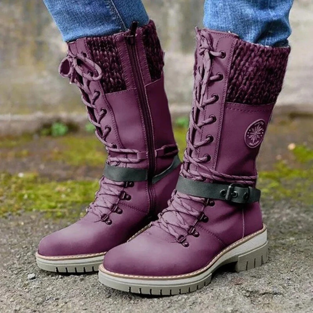 MODEGEIST Damen Kniestiefel Schnürung Winterstiefel Warmes Futter