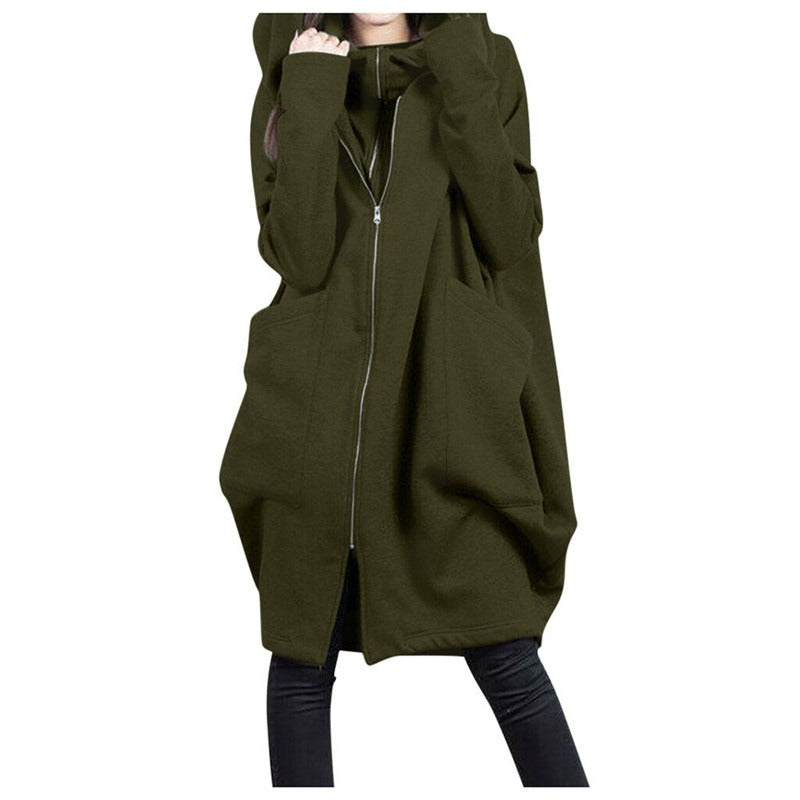 ModeGeist | Mittellanger Mantel - Oversized Fit - Kapuze - Reißverschluss - Weicher Woll-Look