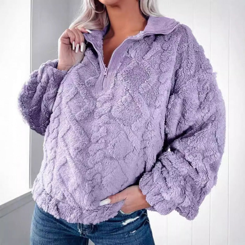 ModeGeist | Pullover Sweatshirt Plüsch Fleece Übergröße Fit Halber Reißverschluss Stehkragen