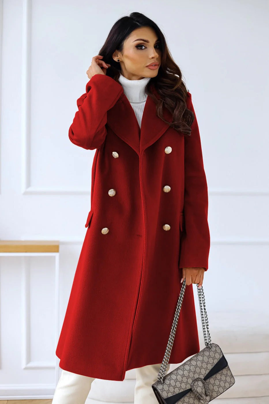 ModeGeist | Doppelreiher Langmantel Elegante Wollmischung Übergangsjacke