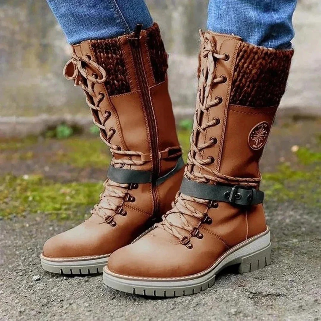 MODEGEIST Damen Kniestiefel Schnürung Winterstiefel Warmes Futter