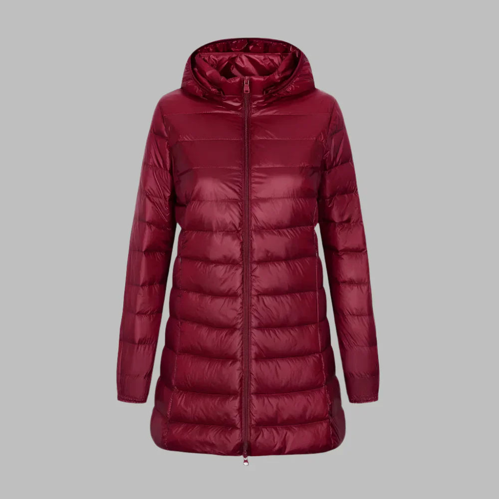 ModeGeist | Steppjacke – Figurbetont Mid-Thigh Länge – mit Kapuze – Wasserabweisend – Reißverschluss Vorne