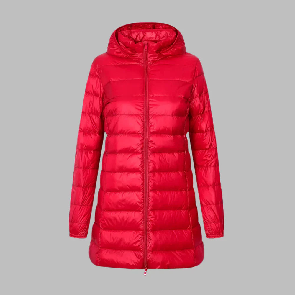 ModeGeist | Steppjacke – Figurbetont Mid-Thigh Länge – mit Kapuze – Wasserabweisend – Reißverschluss Vorne