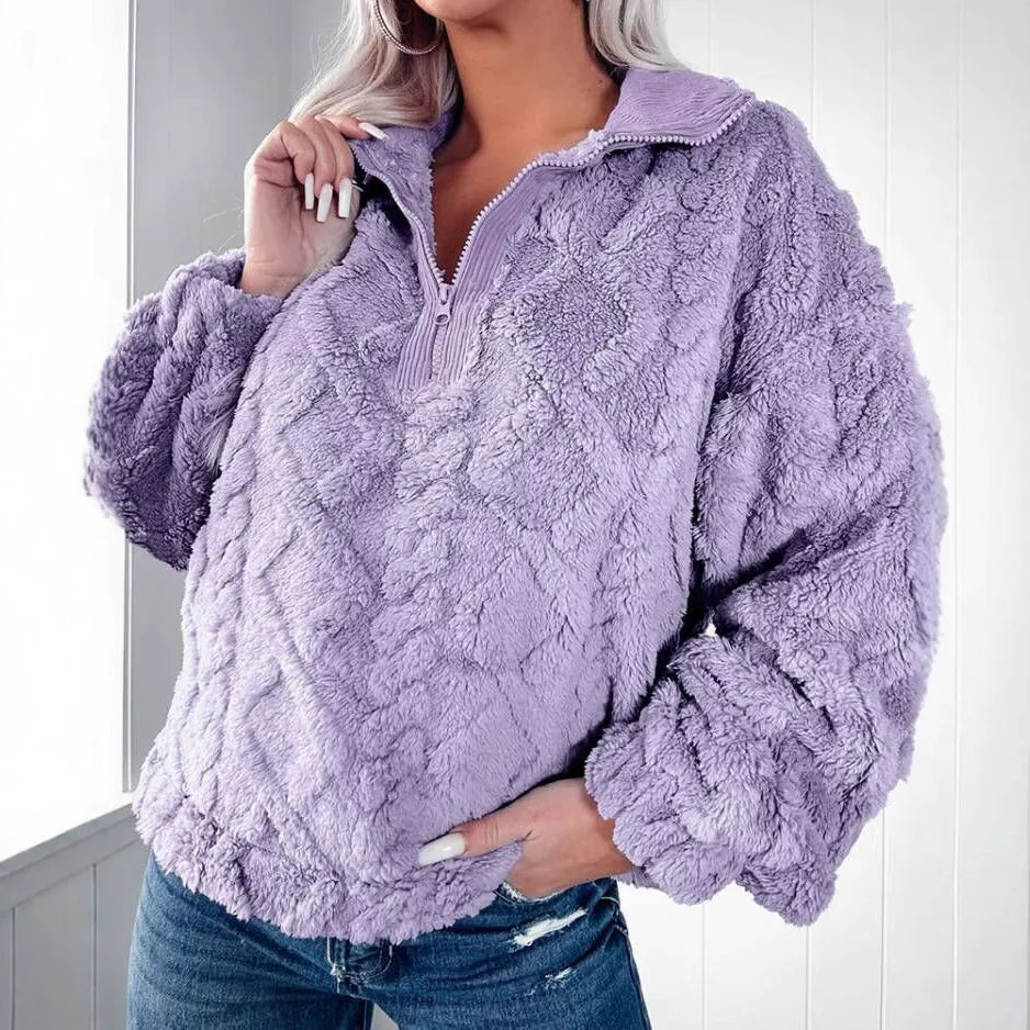 ModeGeist | Pullover Sweatshirt Kunstfell Lockere Passform Gepolstert Halber Reißverschluss Lange Ärmel