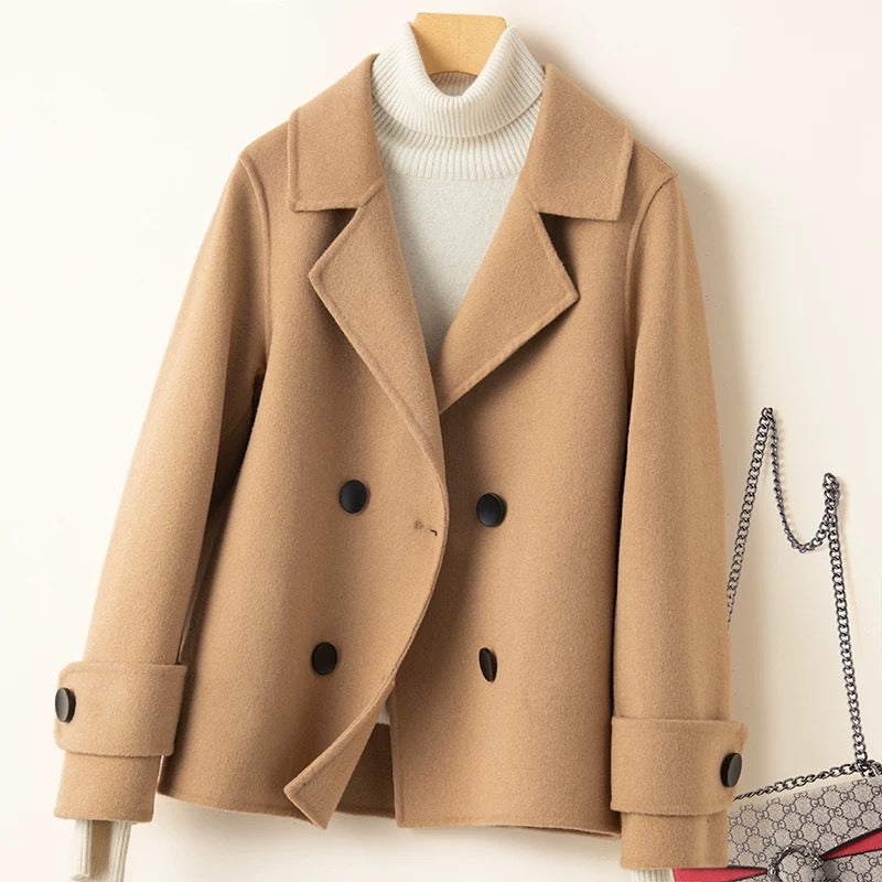 ModeGeist | Mantel - Taillierter Fit - Woll-Look - Doppelreiher - Reverskragen - Kurze Länge
