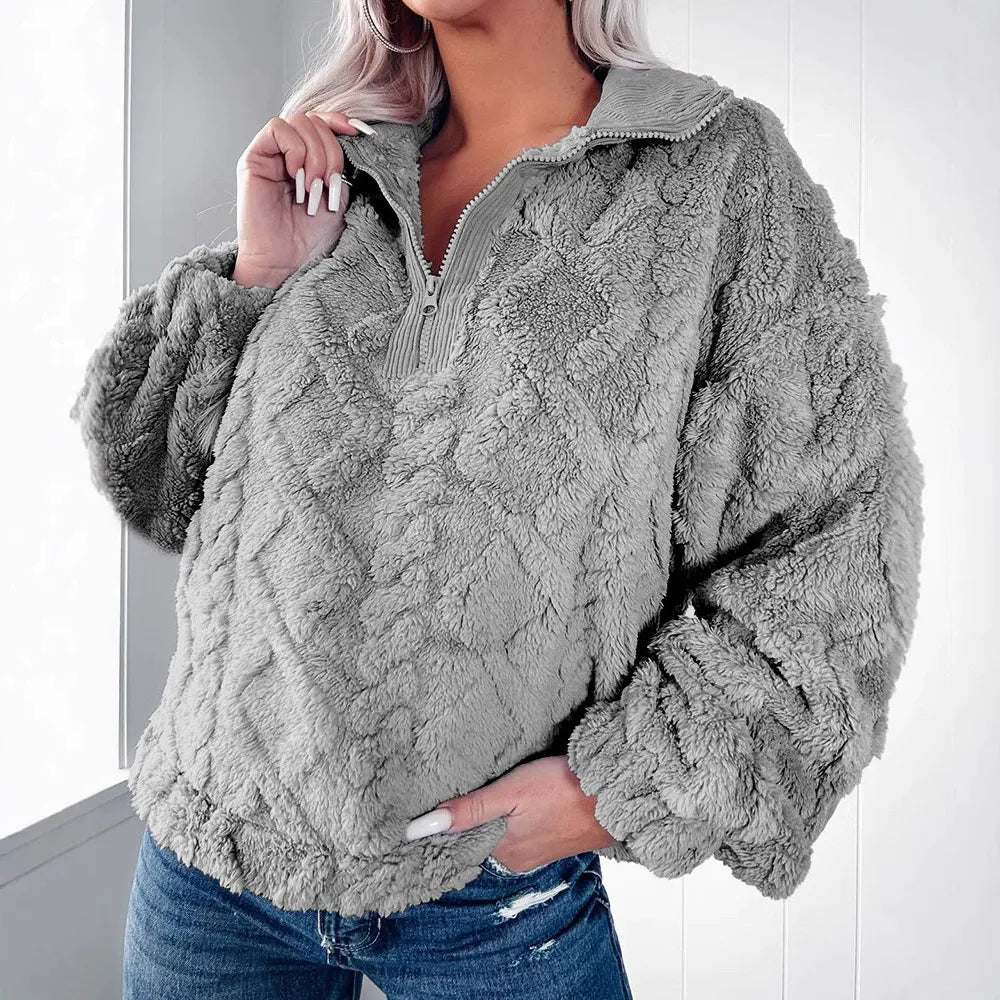 ModeGeist | Pullover Sweatshirt Kunstfell Lockere Passform Gepolstert Halber Reißverschluss Lange Ärmel