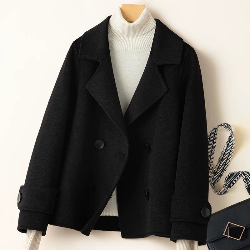ModeGeist | Mantel - Taillierter Fit - Woll-Look - Doppelreiher - Reverskragen - Kurze Länge