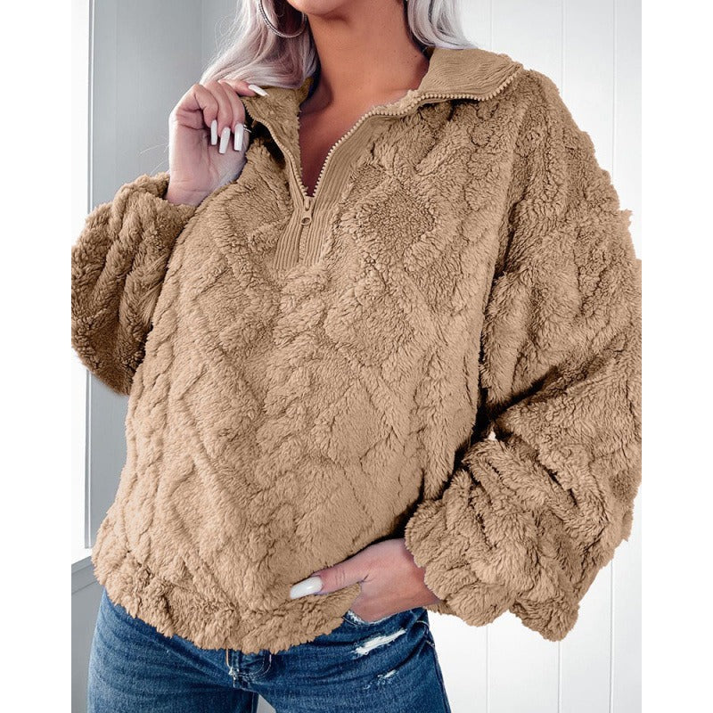 ModeGeist | Pullover Sweatshirt Plüsch Fleece Übergröße Fit Halber Reißverschluss Stehkragen