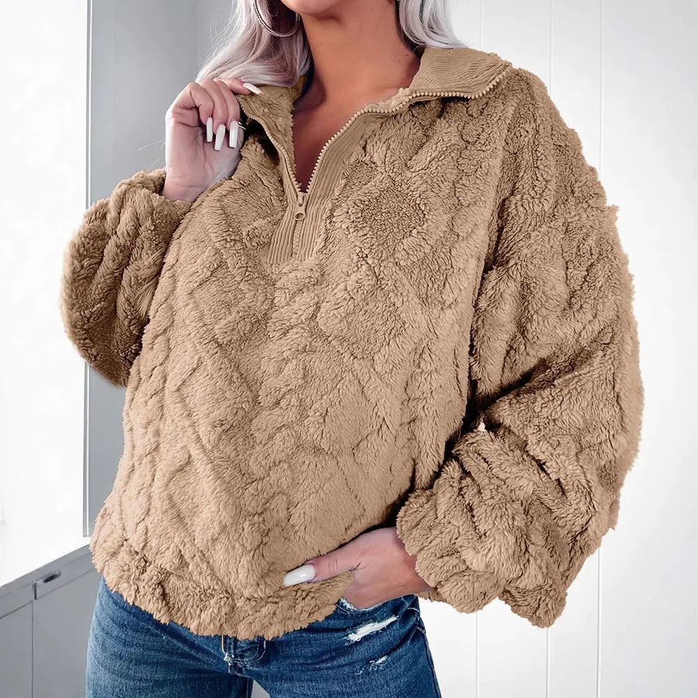 ModeGeist | Pullover Sweatshirt Kunstfell Lockere Passform Gepolstert Halber Reißverschluss Lange Ärmel