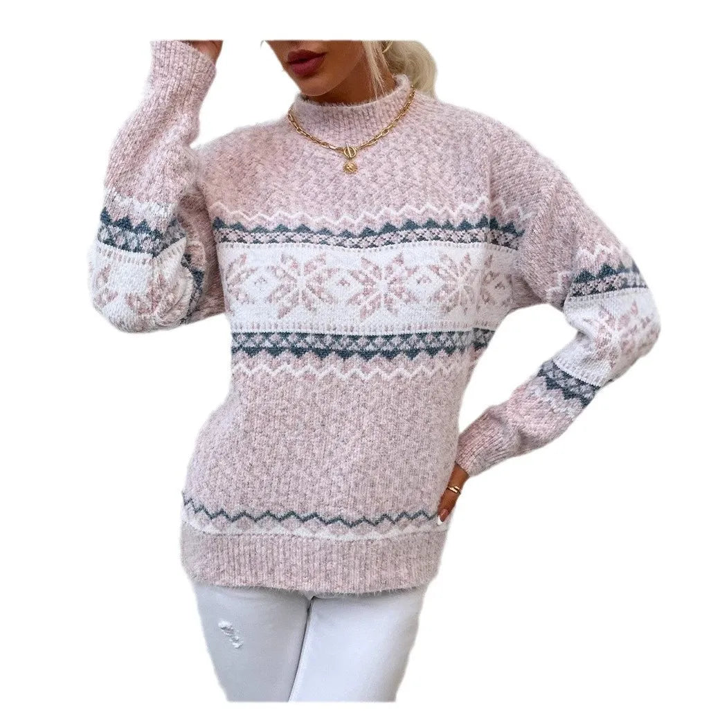 ModeGeist | Pullover Wollstrick Lässige Passform Schneeflockenmuster Hoher Kragen