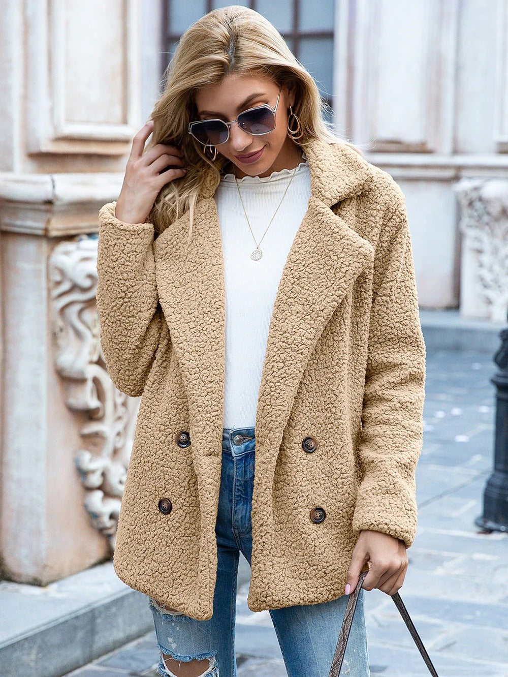 ModeGeist | Übergröße Teddy Mantel Lässiger Winter Knopfleiste