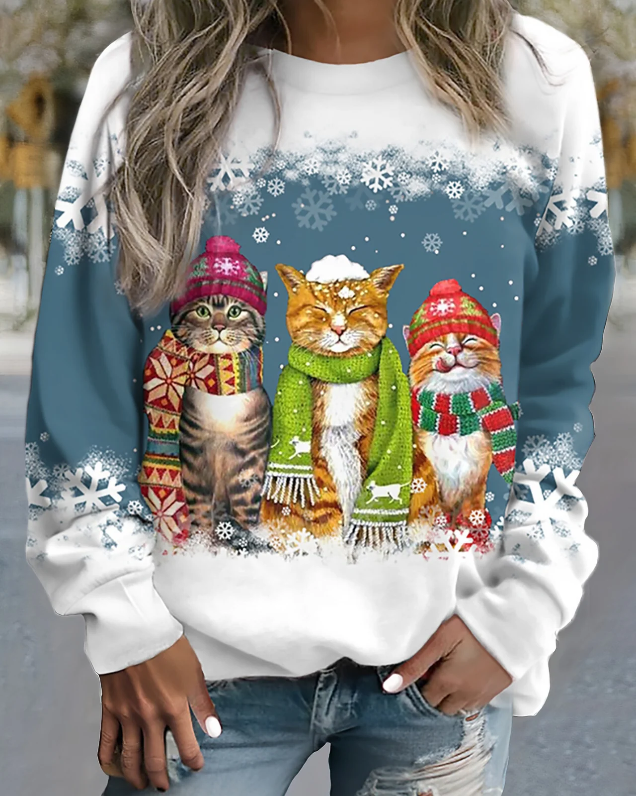 ModeGeist | Strick Sweatshirt Lockere Passform Grafikdruck Rippbündchen Lässiger Stil