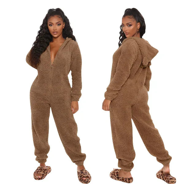 ModeGeist | Damen Teddy Fleece Overall mit Kapuze