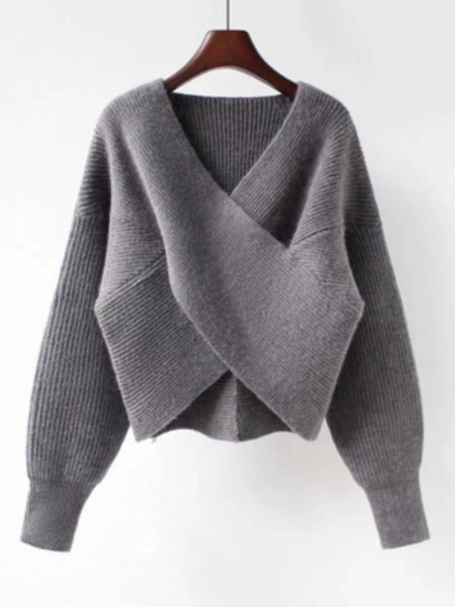 ModeGeist | Übergröße Sweatshirt Strickrib Textur V-Ausschnitt Ballonärmel