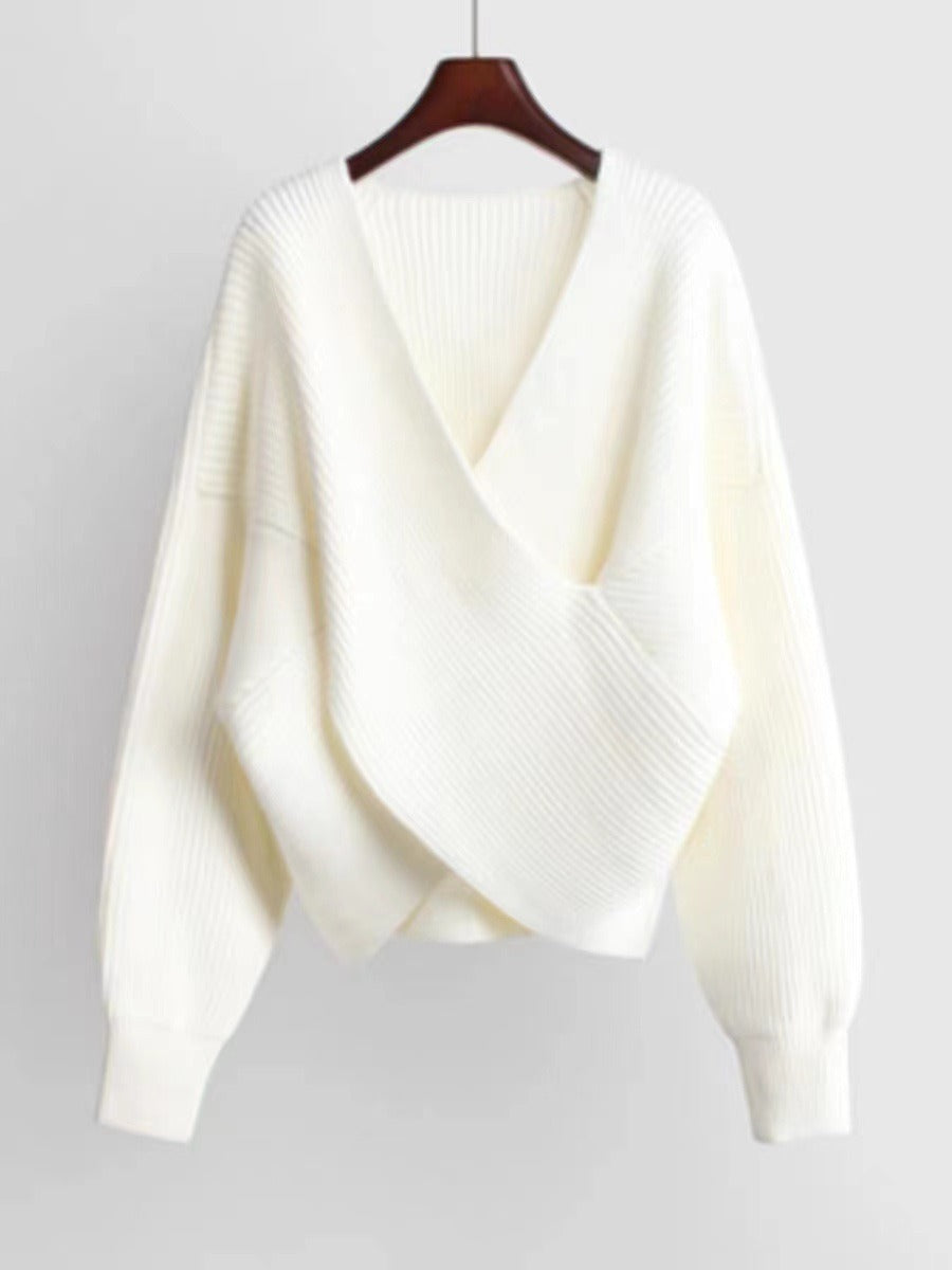 ModeGeist | Übergröße Sweatshirt Strickrib Textur V-Ausschnitt Ballonärmel