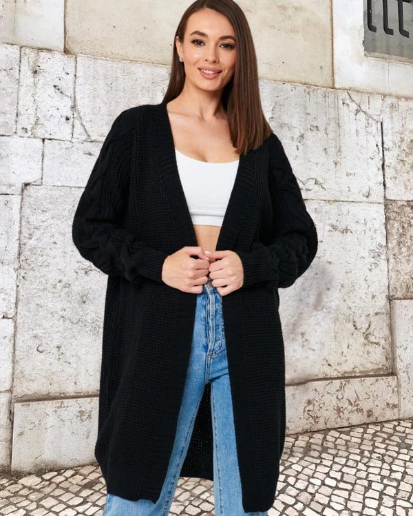 ModeGeist | Strickjacke - Wolle - Oversized Fit - Kabelärmel - Lange offene Front