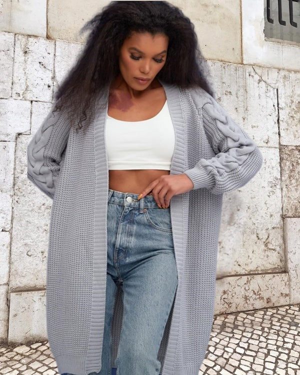 ModeGeist | Strickjacke - Wolle - Oversized Fit - Kabelärmel - Lange offene Front