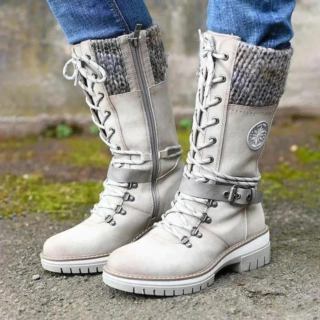 MODEGEIST Damen Kniestiefel Schnürung Winter