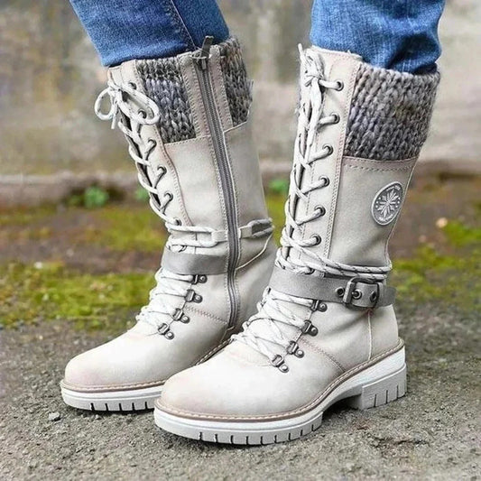 MODEGEIST Damen Kniestiefel Schnürung Winter